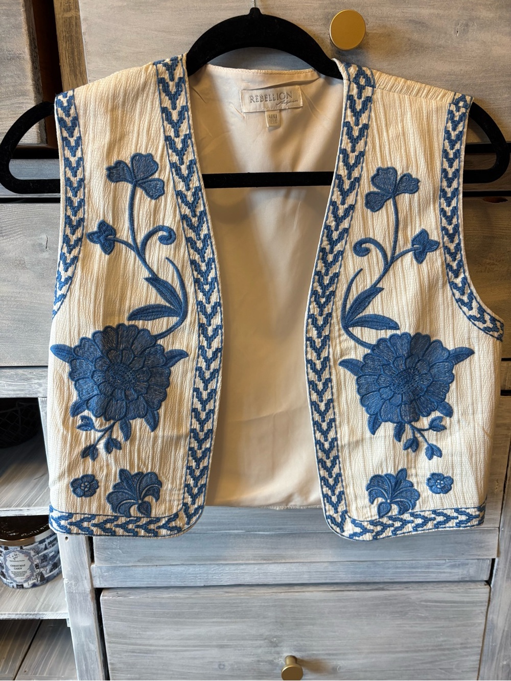 Rebellion Ivory Vest with Blue Floral Embroidery